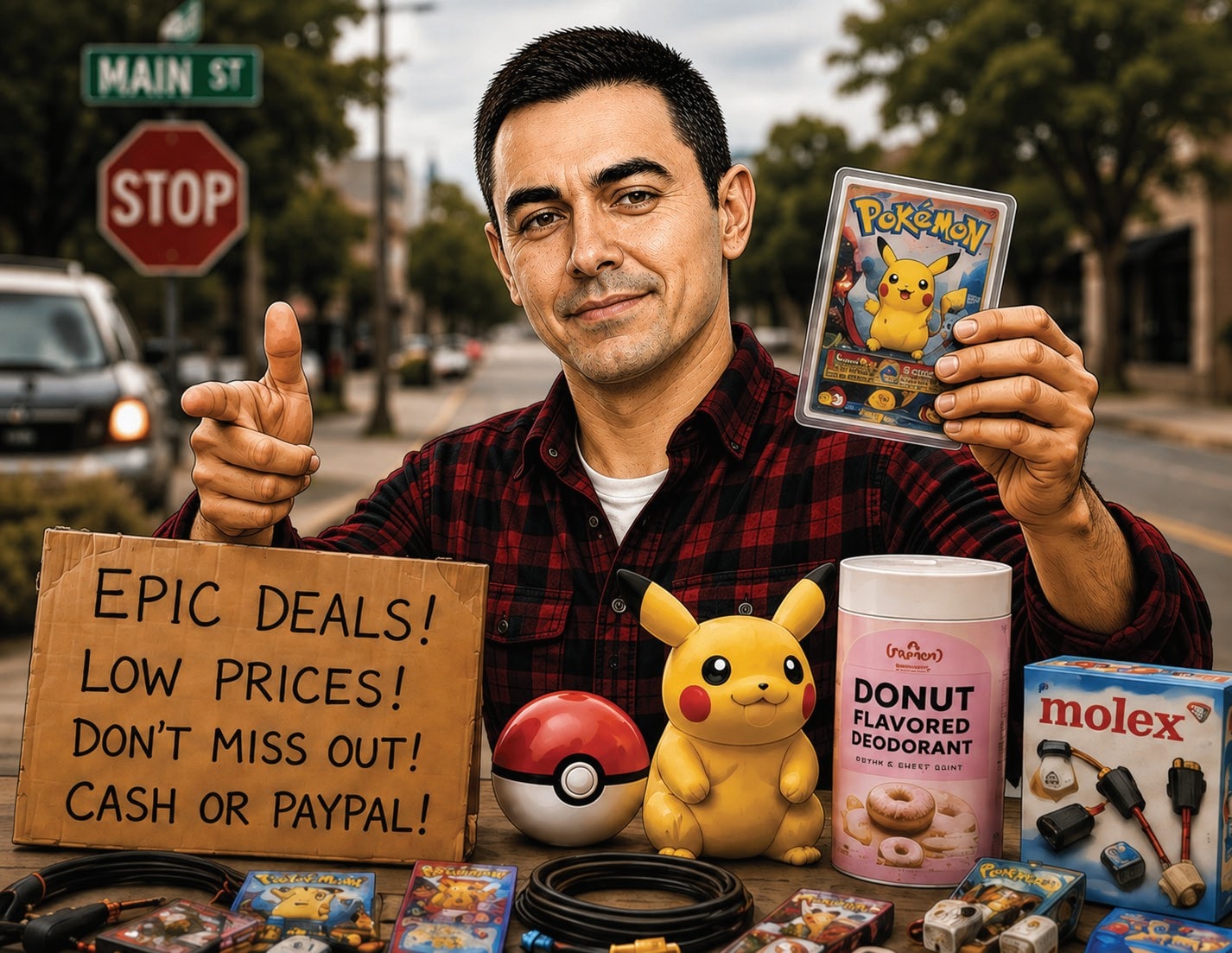 Jesse Battles holding a Pokémon product alongside novelty merchandise